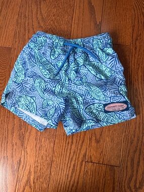 Vineyard Vines Blue Swim Shorts with Mint Whale Pattern